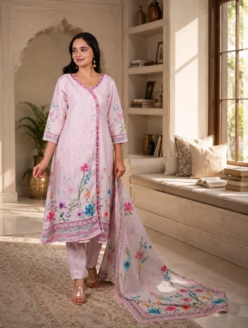 Pastel Pink Floral Printed Kurta Set with Elegant Dupatta