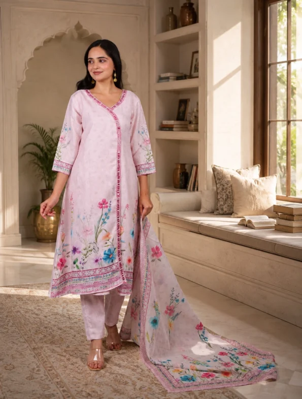 Pastel Pink Floral Printed Kurta Set with Elegant Dupatta