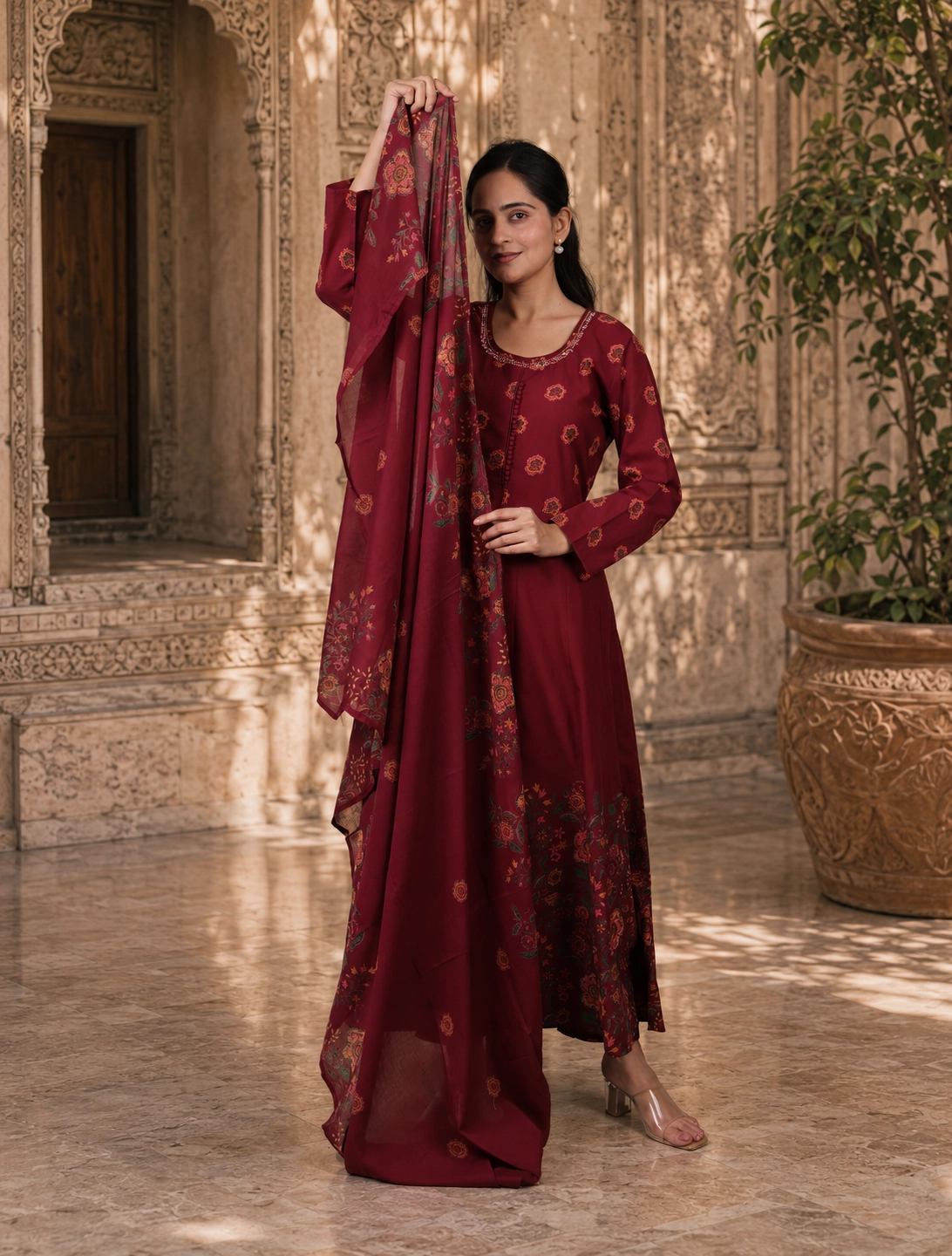 bhavini-maroon-floral-anarkali-suit-dupatta-display-palace-courtyard-celebrationwear