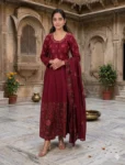 bhavini-maroon-floral-anarkali-suit-dupatta-draped-front-view-heritage-courtyard-festive-wear