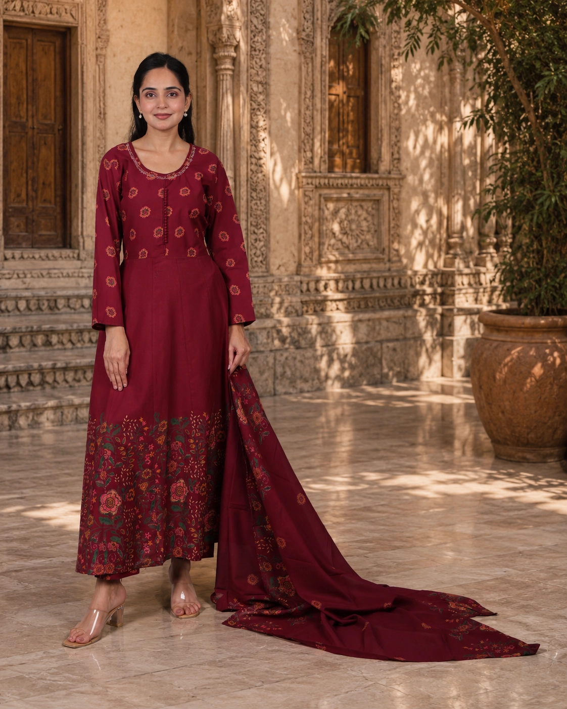 bhavini-maroon-floral-anarkali-suit-dupatta-flow-front-view-heritage-courtyard-festivewear