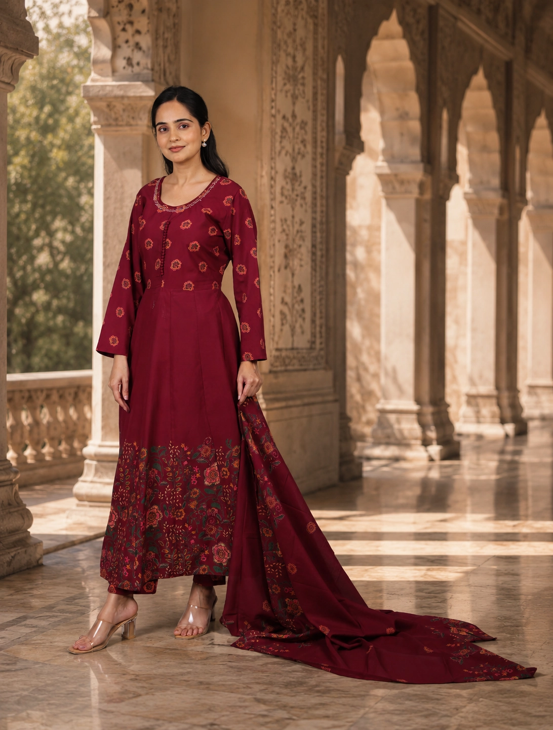 bhavini-maroon-floral-anarkali-suit-elegant-pose-royal-corridor-ethnicoccasion