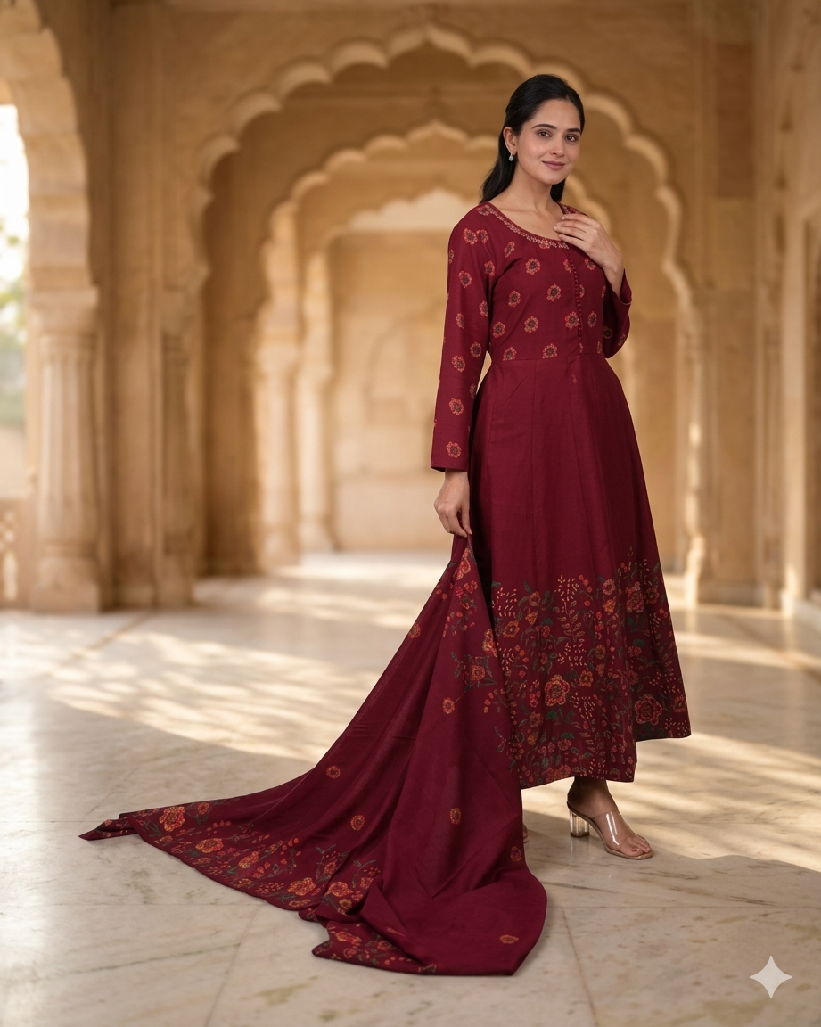 bhavini-maroon-floral-anarkali-suit-side-pose-arched-palace-occasionwear