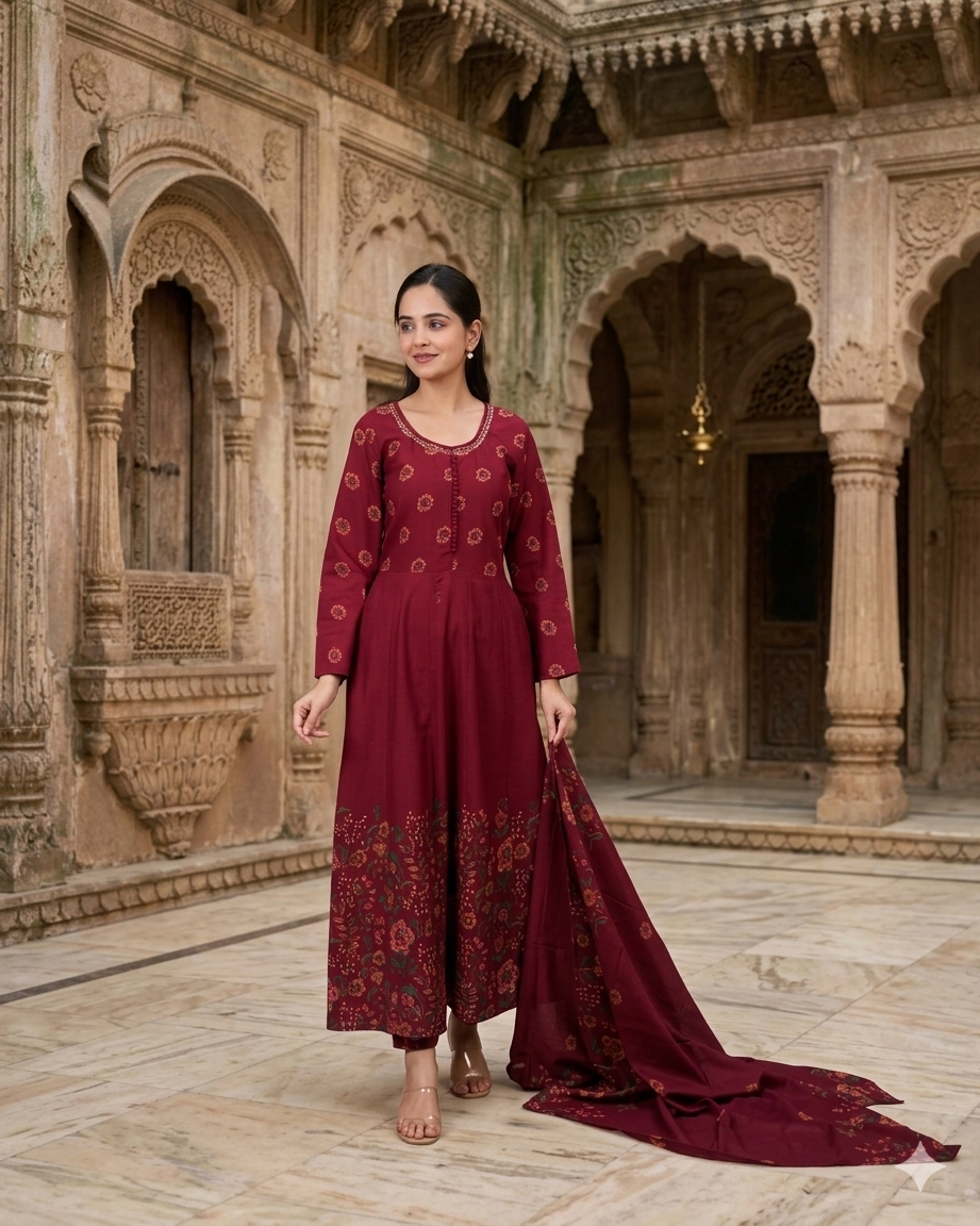 bhavini-maroon-floral-anarkali-suit-walking-view-heritage-palace-ethnicwear