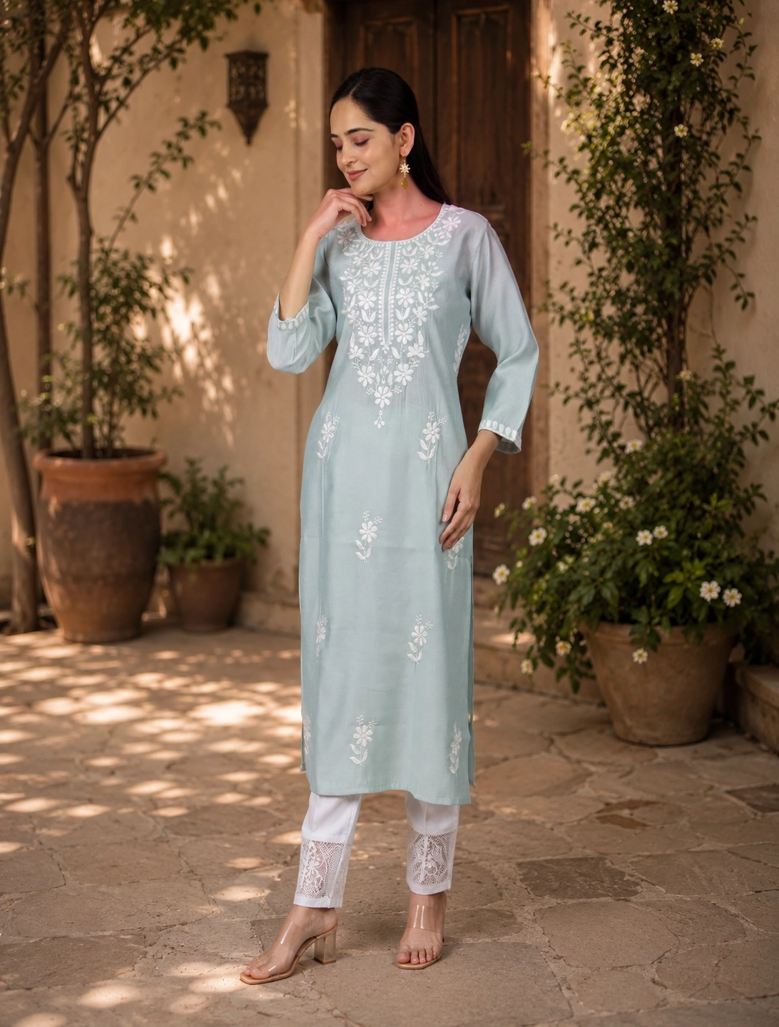 bhavini-pastel-blue-white-embroidered-kurta-floral-embroidery-front-pose-garden-courtyard-casual-wear