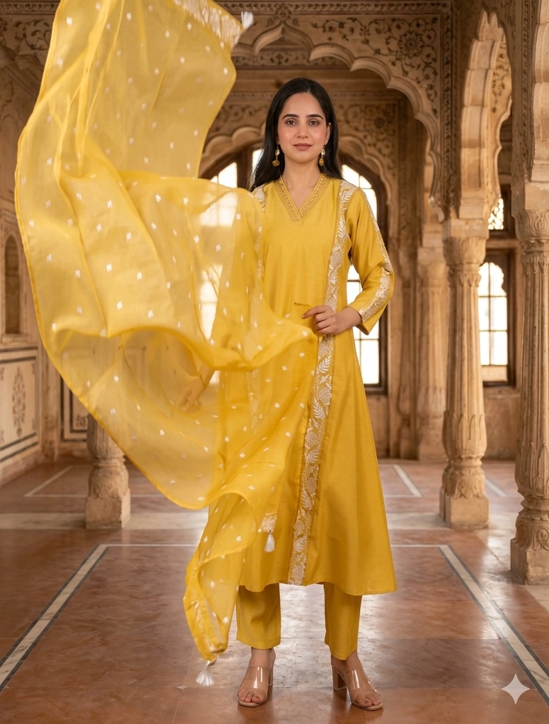 bhavini-mustard-yellow-self-dot-dupatta-kurta-set-flowing-dupatta-front-view-heritage-palace-festive-wear