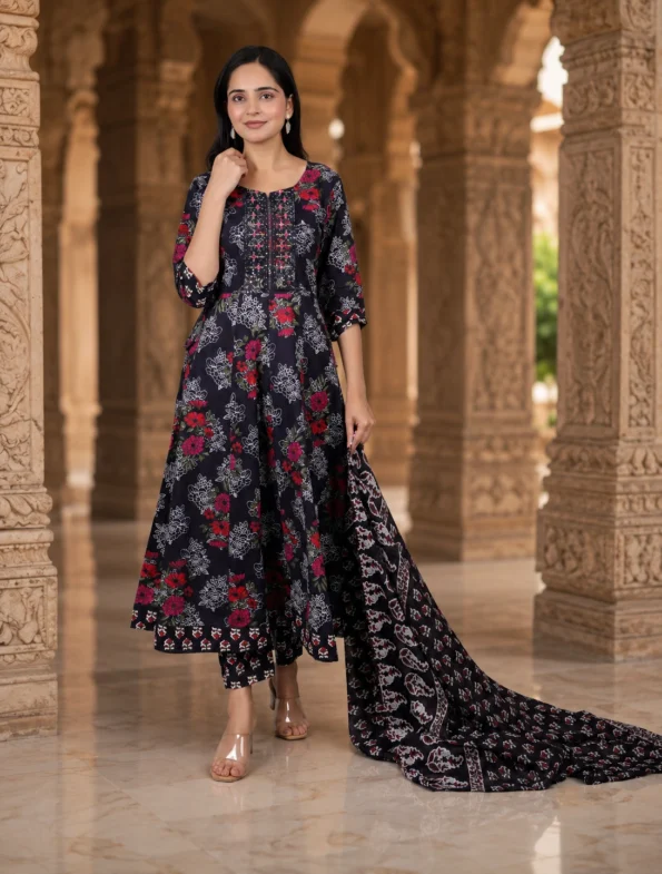 Blue Floral Printed Anarkali Kurta Pant Set with Dupatta