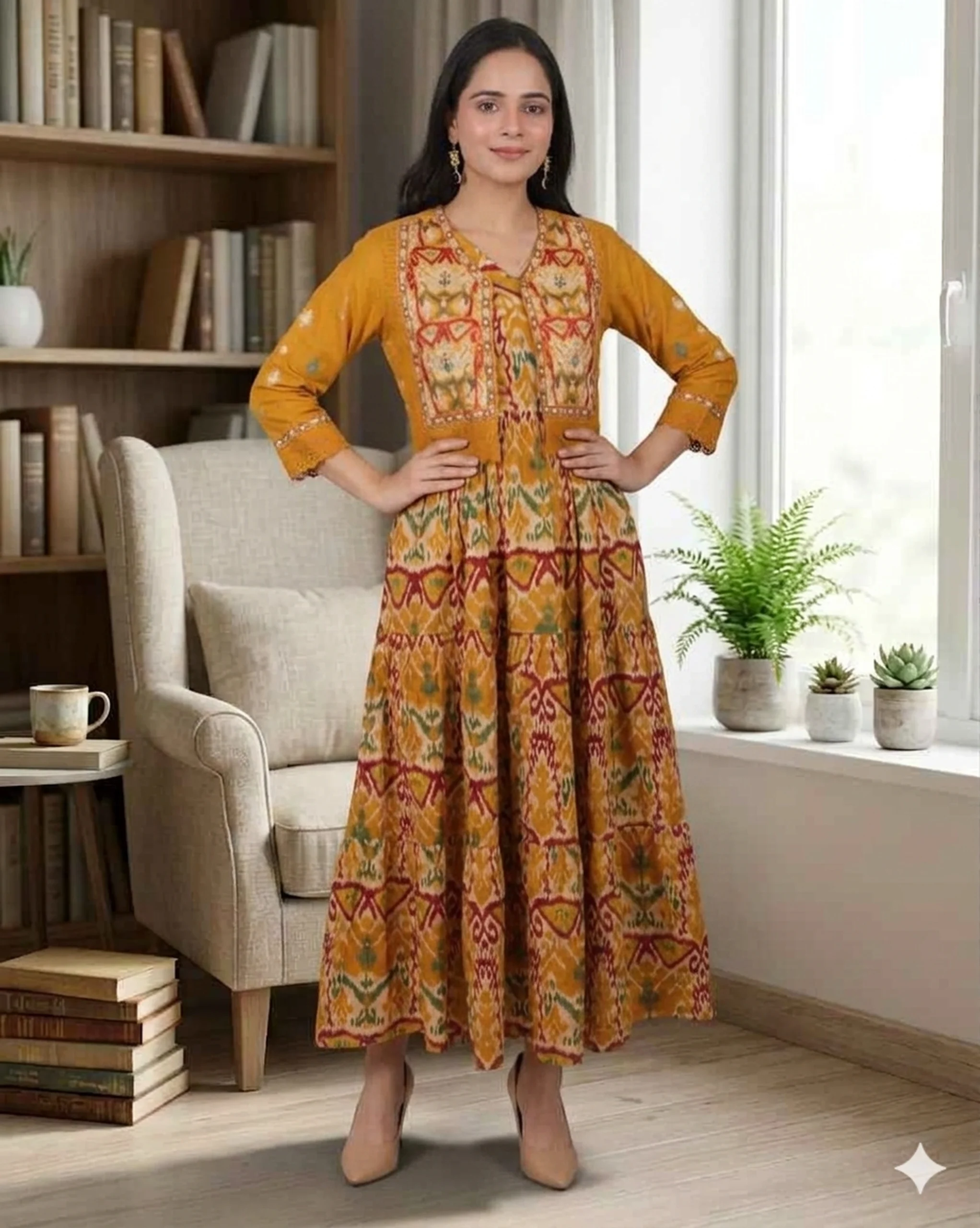 bhavini-mustard-multicolor-printed-maxi-dress-ethnic-pattern-front-view-indoor-casual-wear
