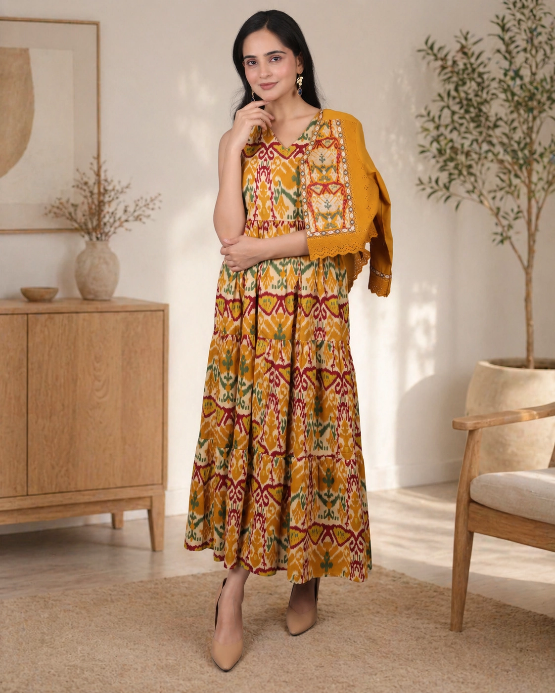 bhavini-mustard-multicolor-printed-maxi-dress-layered-frontpose-indoor-casual-wear