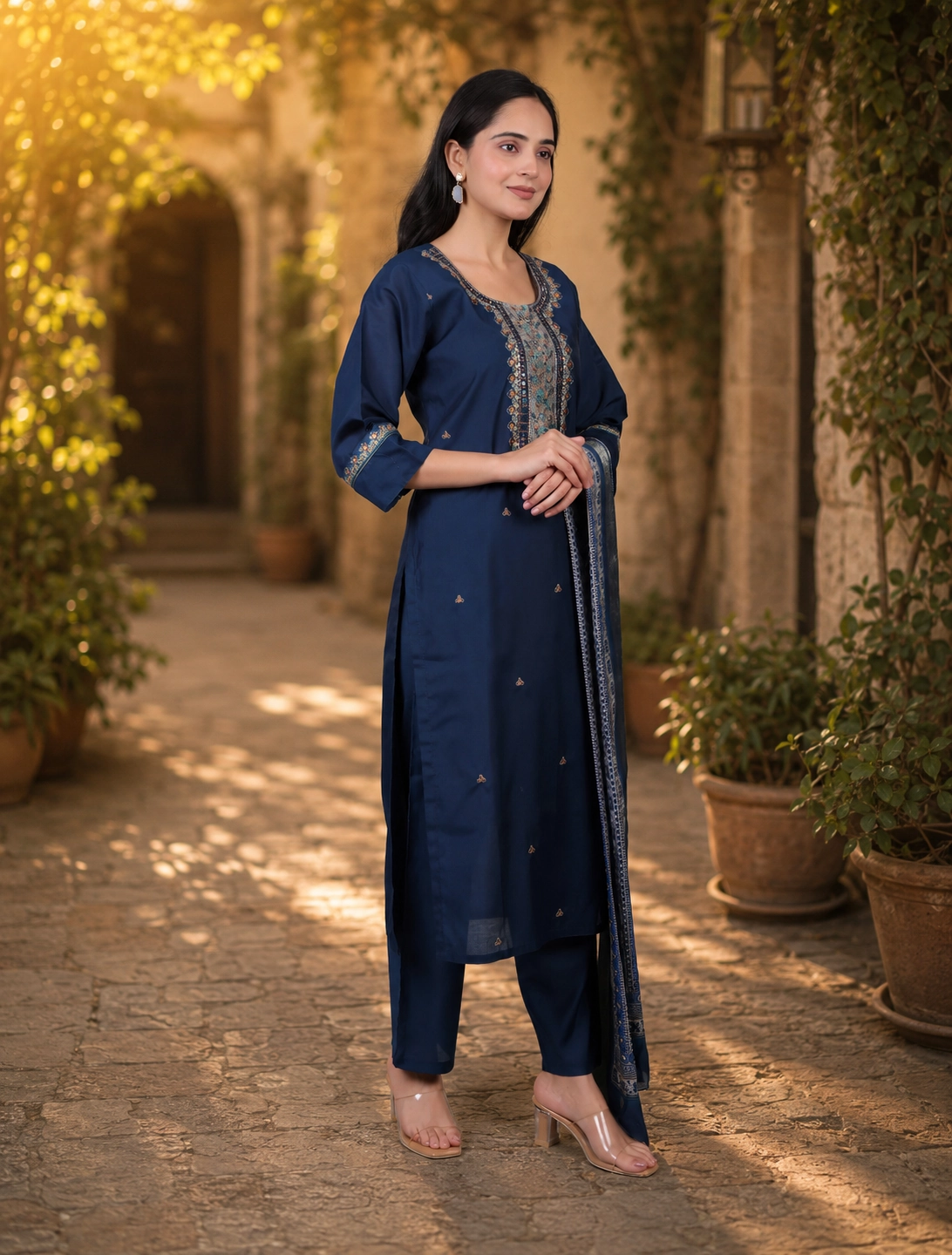 bhavini-navy-blue-embroidered-salwar-suit-frontpose-sunlit-garden-festivewear