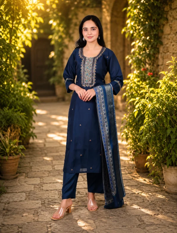 Elegant Navy Blue Embroidered Ethnic Kurta Set