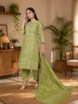 bhavini-olive-green-floral-print-suit-standingpose-livingroom-casualwear
