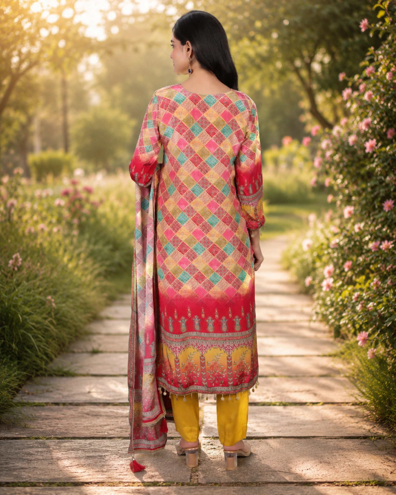 bhavini-mustard-yellow-multicolor-checkered-kurta-set-back-view-garden-path-festive-wear
