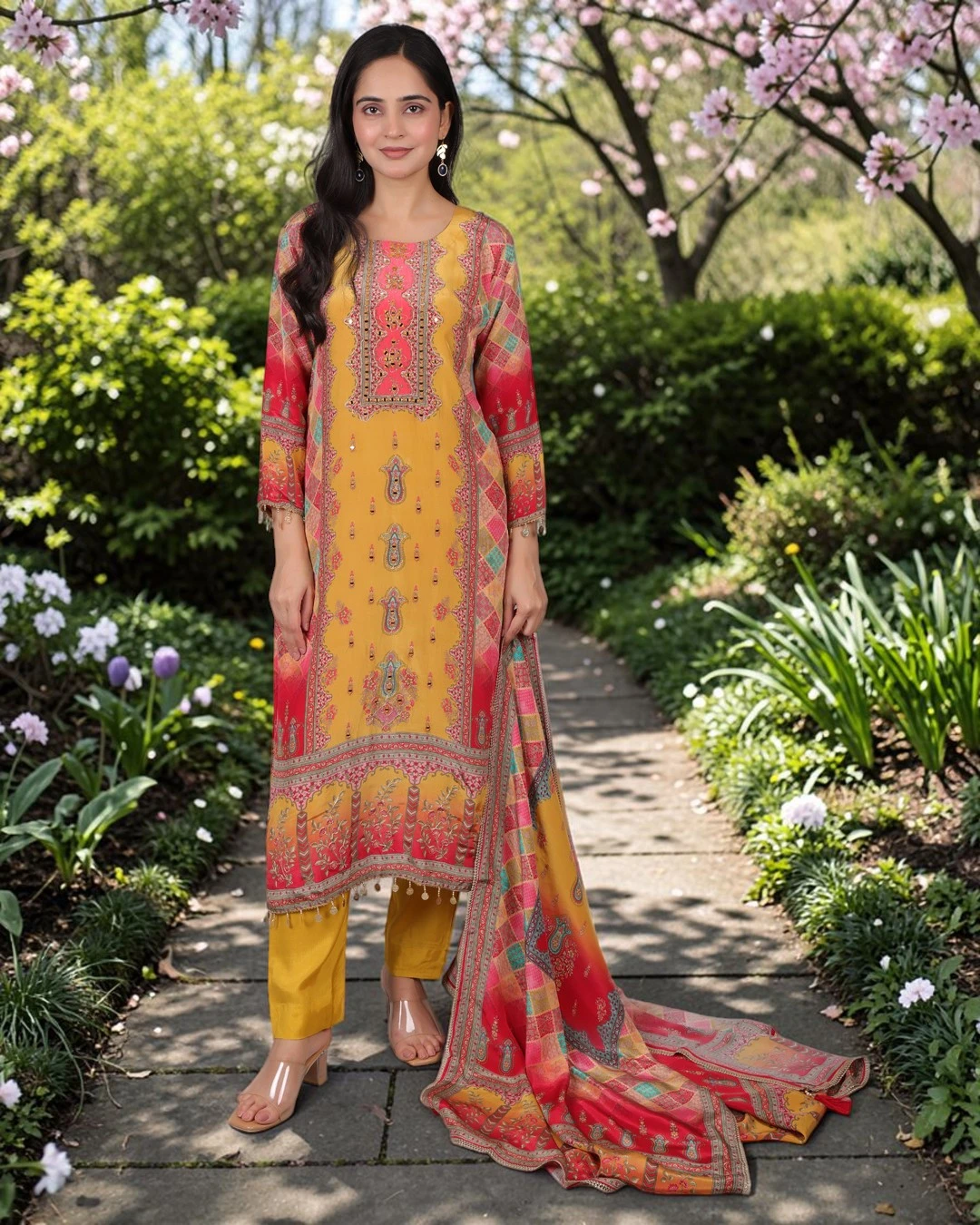 bhavini-mustard-yellow-multicolor-floral-kurta-set-embroidered-border-front-pose-blooming-garden-festive-wear