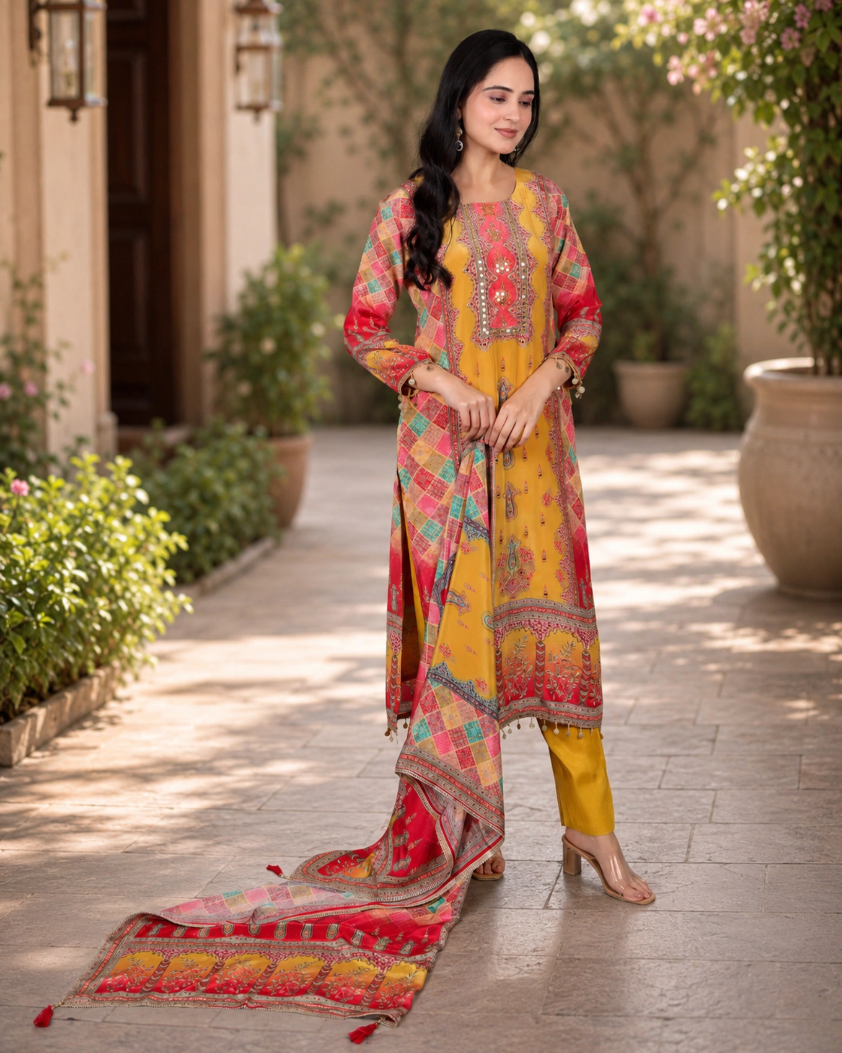 bhavini-mustard-yellow-multicolor-patchwork-kurta-set-detailed-dupatta-elegant-side-view-heritage-veranda-occasion-wear