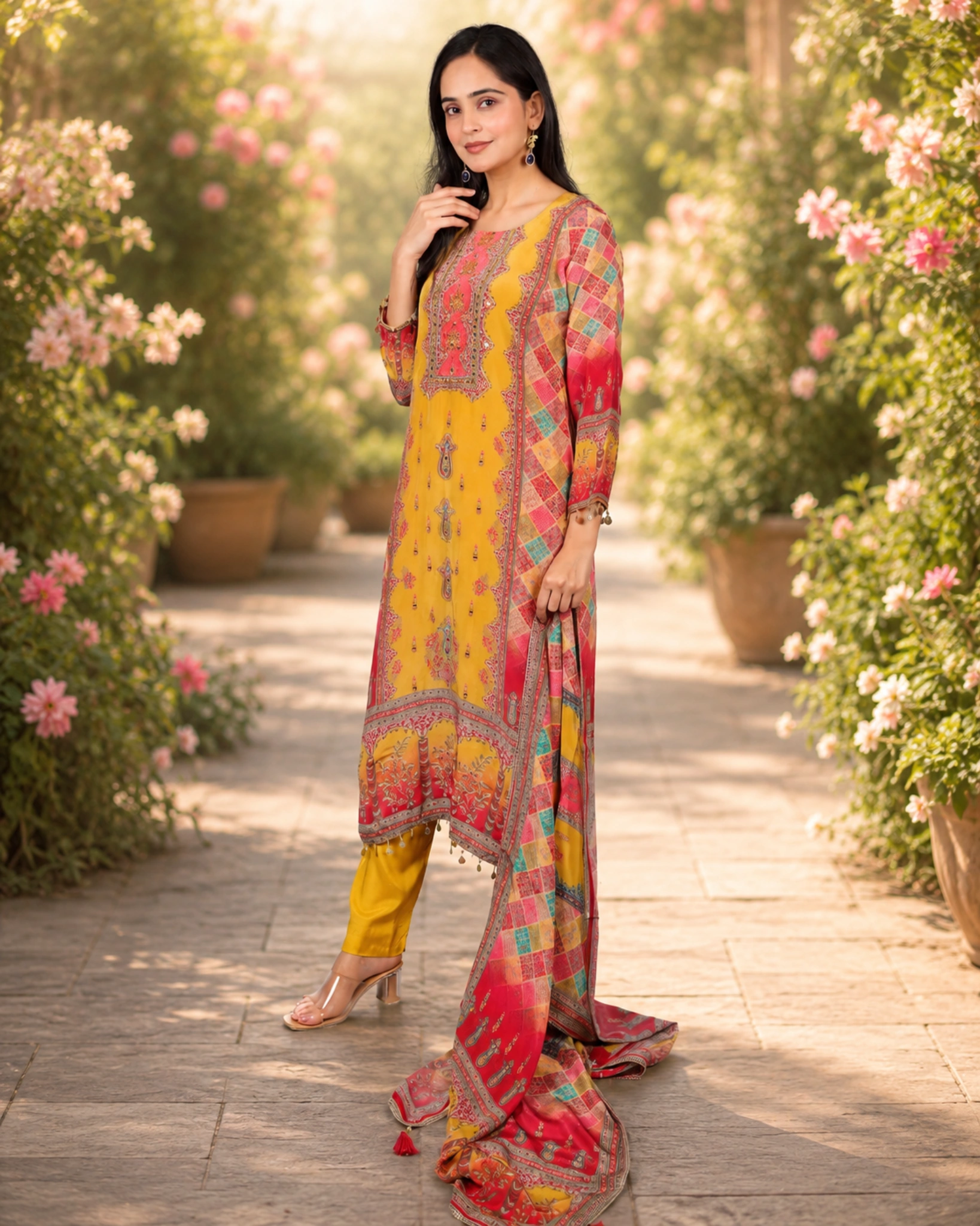 bhavini-mustard-yellow-multicolor-patchwork-kurta-set-detailed-dupatta-side-view-luxury-garden-festive-wear