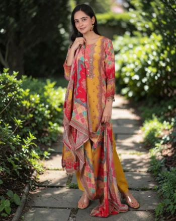 Elegant Mustard Ethnic Printed Kurta Set with Dupatta