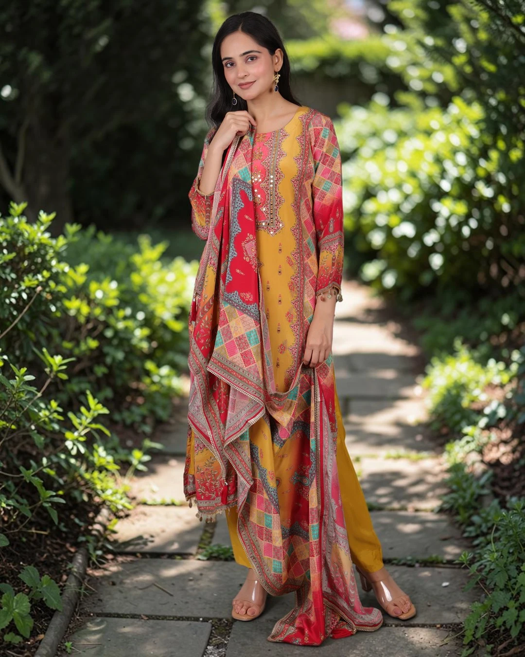 bhavini-mustard-yellow-multicolor-printed-kurta-set-with-dupatta-front-pose-garden-path-daywear