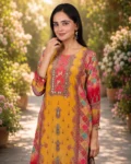 bhavini-mustard-yellow-multicolor-printed-kurta-set-with-dupatta-front-pose-garden-path-daywear