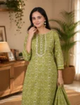 bhavini-olive-green-floral-blockprint-kurta-set-front-view-living-room-casual-ethnic-wear