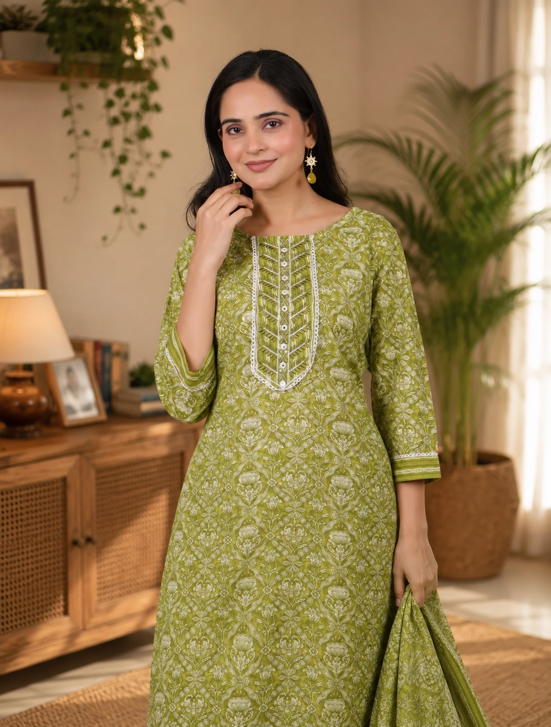 bhavini-olive-green-floral-blockprint-kurta-set-embroidered-neckline-front-portrait-indoor-lifestyle-casual-ethnic-wear
