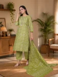 bhavini-olive-green-floral-blockprint-kurta-set-front-view-living-room-casual-ethnic-wear