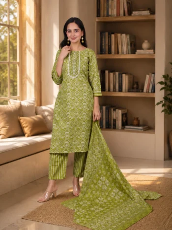 Elegant Green Printed Kurta Set with Dupatta
