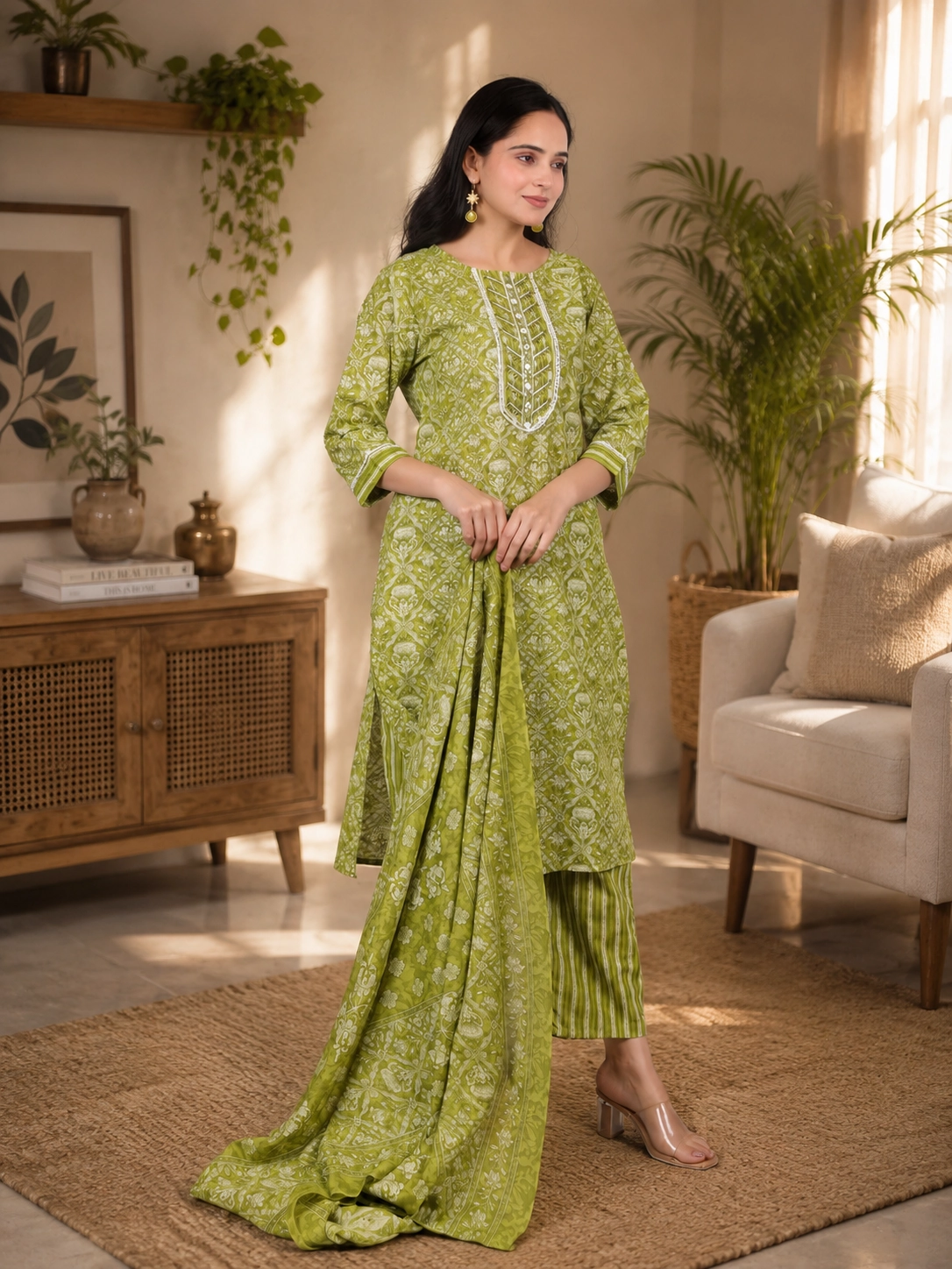 bhavini-olive-green-printed-suit-dupatta-pose-indoor-daywear