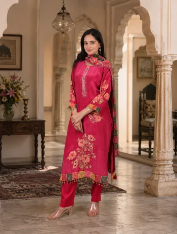 Rose Pink Maslin 3-Piece Embroidered Kurta Pant Dupatta Set