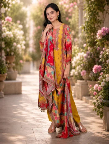 Premium Mustard Yellow Printed Crepe Silk Kurta Pant Set with Dupatta – 3-Piece Traditional Embroidered Suit for Festive Wear