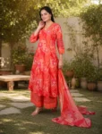 Coral Red Floral 3-Piece Cotton Kurta Palazzo & Dupatta Set