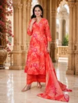 bhavini–Coral-Orange–Floral–Kurta-Set–Flowing-Dupatta–Front-Pose–Garden–Festive-Wear