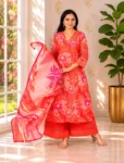 bhavini–Coral-Orange–Floral–Kurta-Set–Flowing-Dupatta–Front-Pose–Garden–Festive-Wear