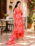 bhavini–Coral-Orange–Floral–Kurta-Set–Flowing-Dupatta–Front-Pose–Garden–Festive-Wear
