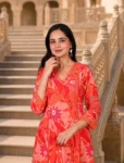 bhavini–Coral-Orange–Floral–Kurta-Set–Flowing-Dupatta–Front-Pose–Garden–Festive-Wear