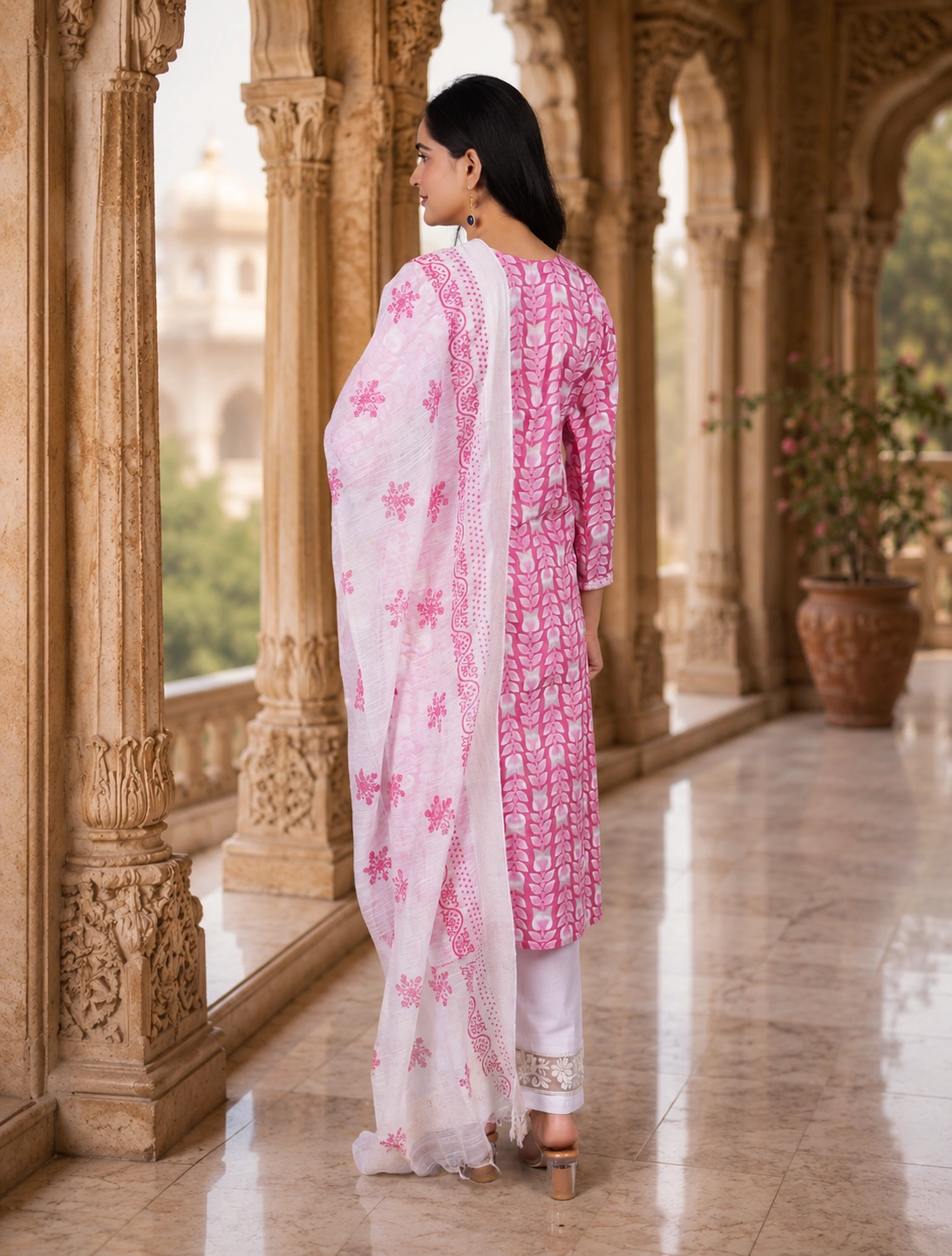 bhavini–Light-Pink–White-Floral–Kurta-Set–Back-View–Heritage-Corridor–Festive-Wear