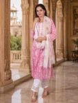 bhavini–Light-Pink–White-Floral–Kurta-Set–Draped-Dupatta–Front-View–Heritage-Corridor–Festive-Wear