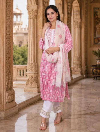 Rose Pink Floral 3-Piece Cotton Mix Kurta Pant Dupatta Set
