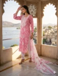 bhavini–Light-Pink–White-Floral–Kurta-Set–Draped-Dupatta–Front-View–Heritage-Corridor–Festive-Wear