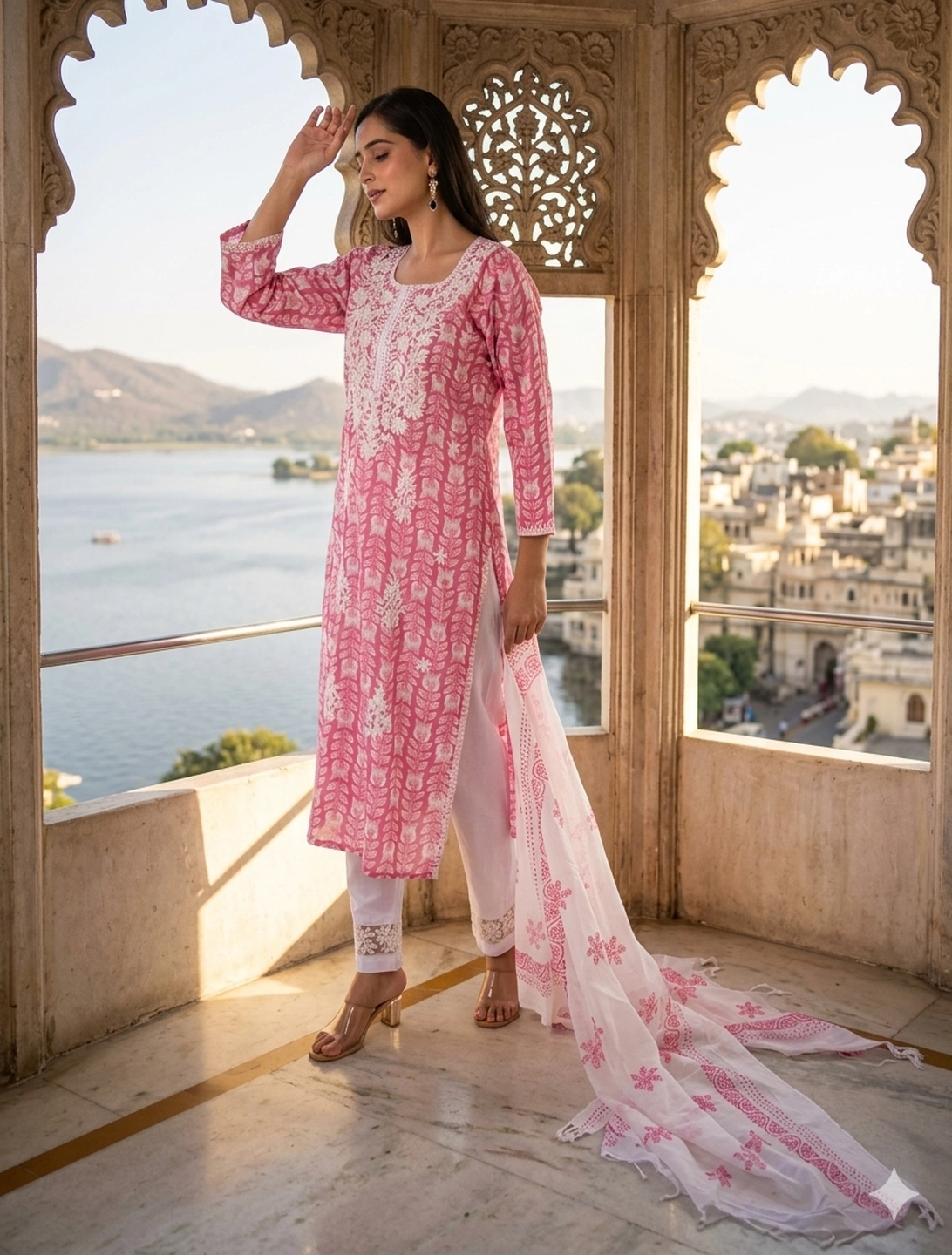 bhavini–Light-Pink–White-Floral–Kurta-Set–Flowing-Dupatta–Side-Pose–Lake-Palace–Festive-Wear