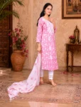 bhavini–Light-Pink–White-Floral–Kurta-Set–Draped-Dupatta–Front-View–Heritage-Corridor–Festive-Wear