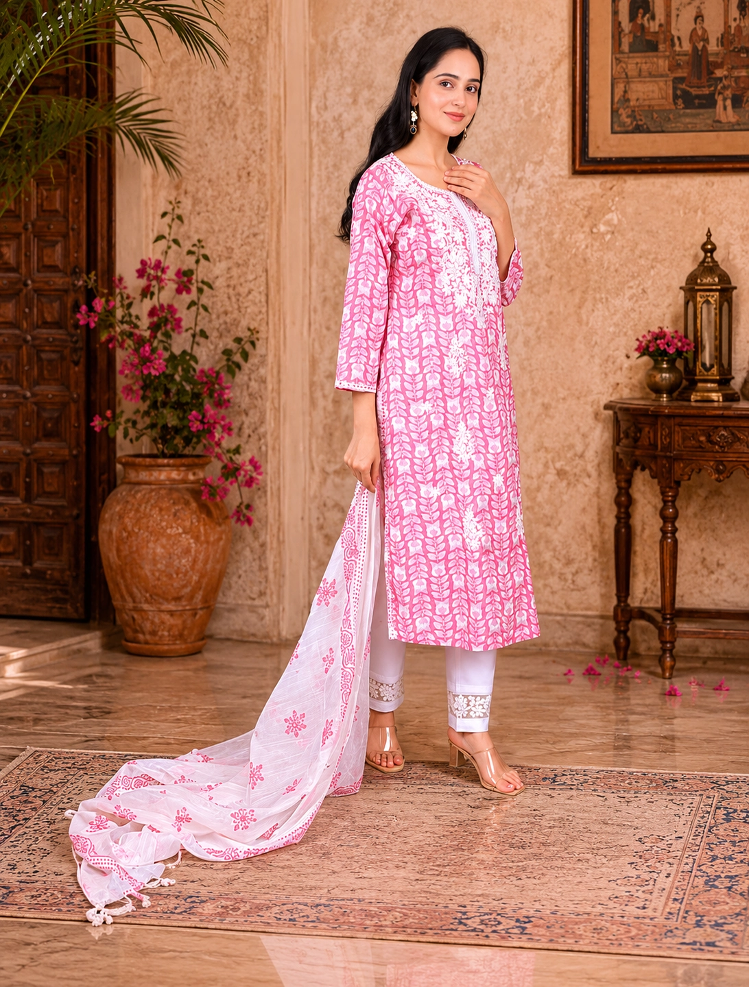 bhavini–Light-Pink–White-Floral–Kurta-Set–Printed-Dupatta–Side-Pose–Heritage-Lounge–Festive-Wear