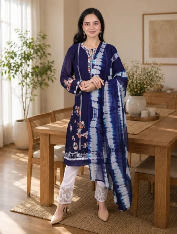 Navy Blue Embroidered 3-Piece Kurta Pant Dupatta Set