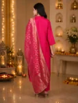 bhavini–Pink–Gold-Brocade–Kurta-Set–Embroidered-Dupatta–Front-View–Festive-Indoor–Festive-Wear