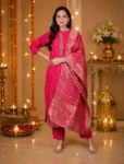 bhavini–Pink–Gold-Brocade–Kurta-Set–Embroidered-Dupatta–Front-View–Festive-Indoor–Festive-Wear