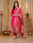 Rani Pink Chanderi Silk 3-Piece Kurta Pant Dupatta Set
