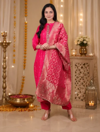 Rani Pink Chanderi Silk 3-Piece Kurta Pant Dupatta Set
