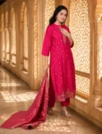 bhavini–Pink–Gold-Brocade–Kurta-Set–Embroidered-Dupatta–Front-View–Festive-Indoor–Festive-Wear