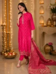 bhavini–Pink–Gold-Brocade–Kurta-Set–Embroidered-Dupatta–Front-View–Festive-Indoor–Festive-Wear