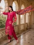 bhavini-pink-floral-printed-3-piece-kurta-set-dupatta-front-view-heritage-interior-festive-wear